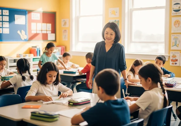 Teacher observing students in a classroom environment.