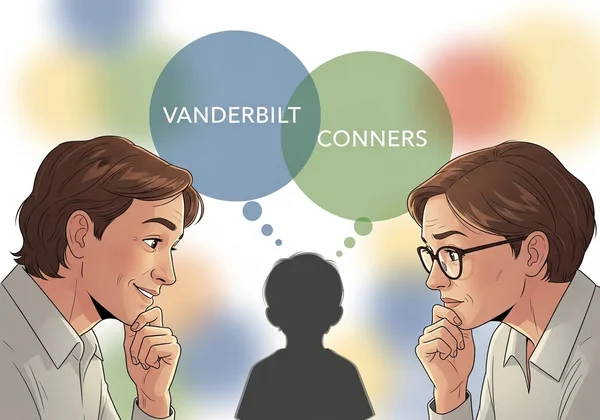 Parent and teacher considering ADHD screening tools for a child