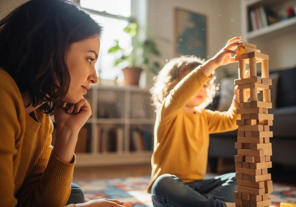 Parent observing a child playing, thoughtfully