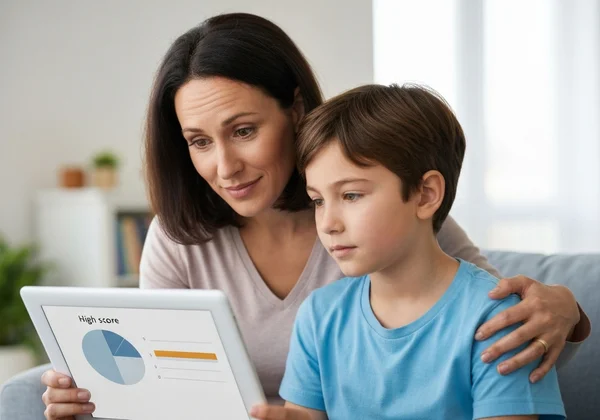 Parent and child looking at a screen, understanding Vanderbilt score