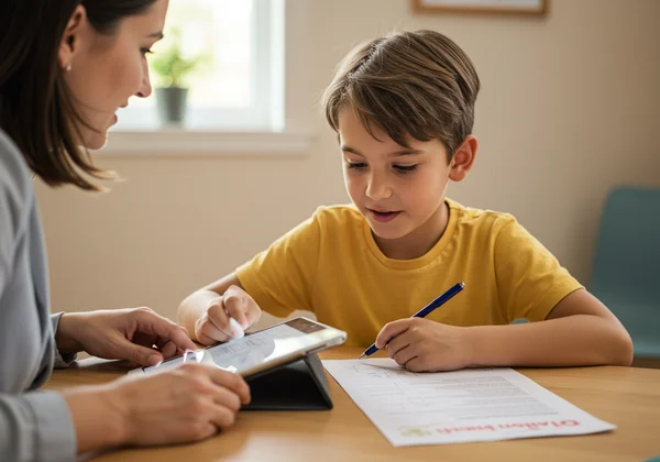Child and adult filling out a behavior assessment questionnaire