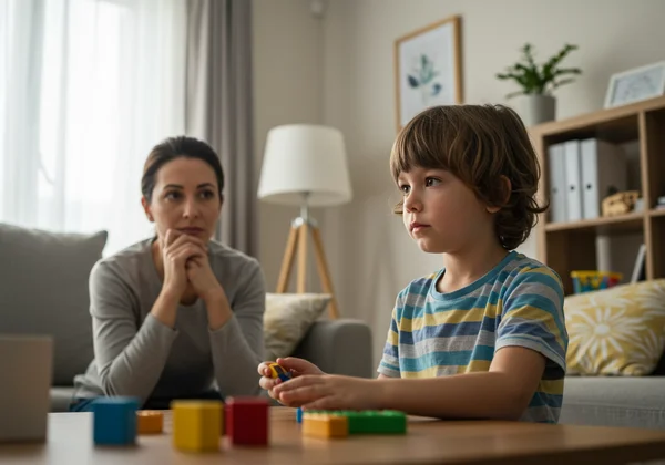 Parent observing child's energetic behavior with mixed emotions