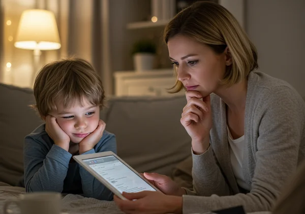 Child showing behaviors, parent contemplating Vanderbilt