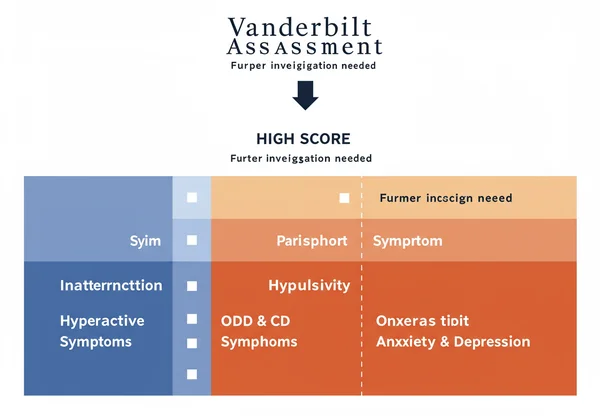 Diagram showing sections of Vanderbilt report, indicating high scores.
