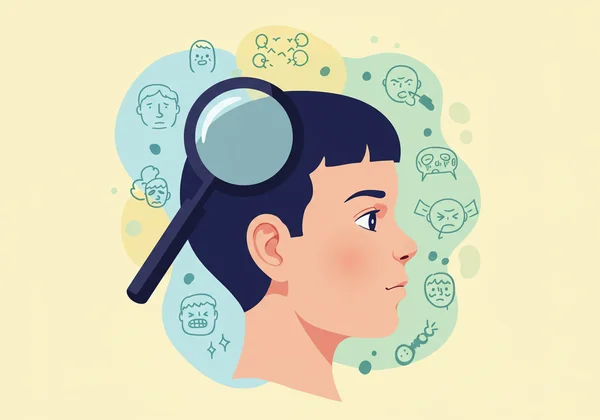 Magnifying glass over a child's head, symbolizing ADHD screening.