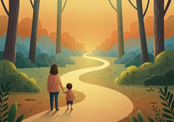 A parent and child on a path toward a guiding light.