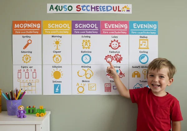 Child looking at a visual schedule for daily routines