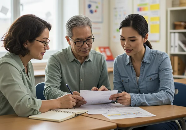 Parent and teacher discussing a child's progress in school