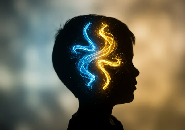 Child's head with intertwined thought streams of ADHD, anxiety