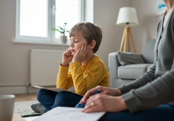 Child practicing coping skills with supportive adult, calm setting