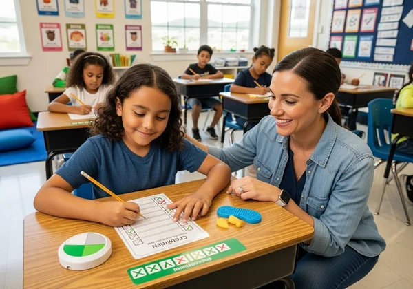 Child in classroom engaged with visual aids, smiling