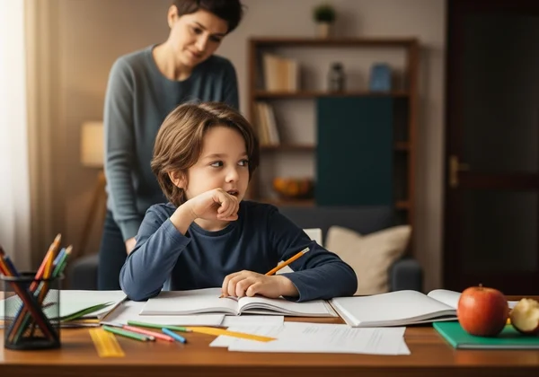 Child struggles with homework, parent looks on concerned