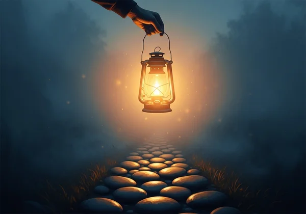 A warm lantern lighting a path, symbolizing guidance and hope.